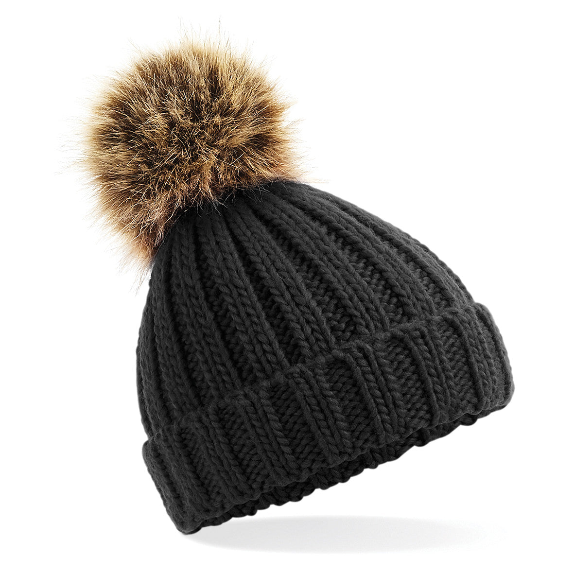Embroidered Infant/Junior Fur Pom Pom Chunky Beanie