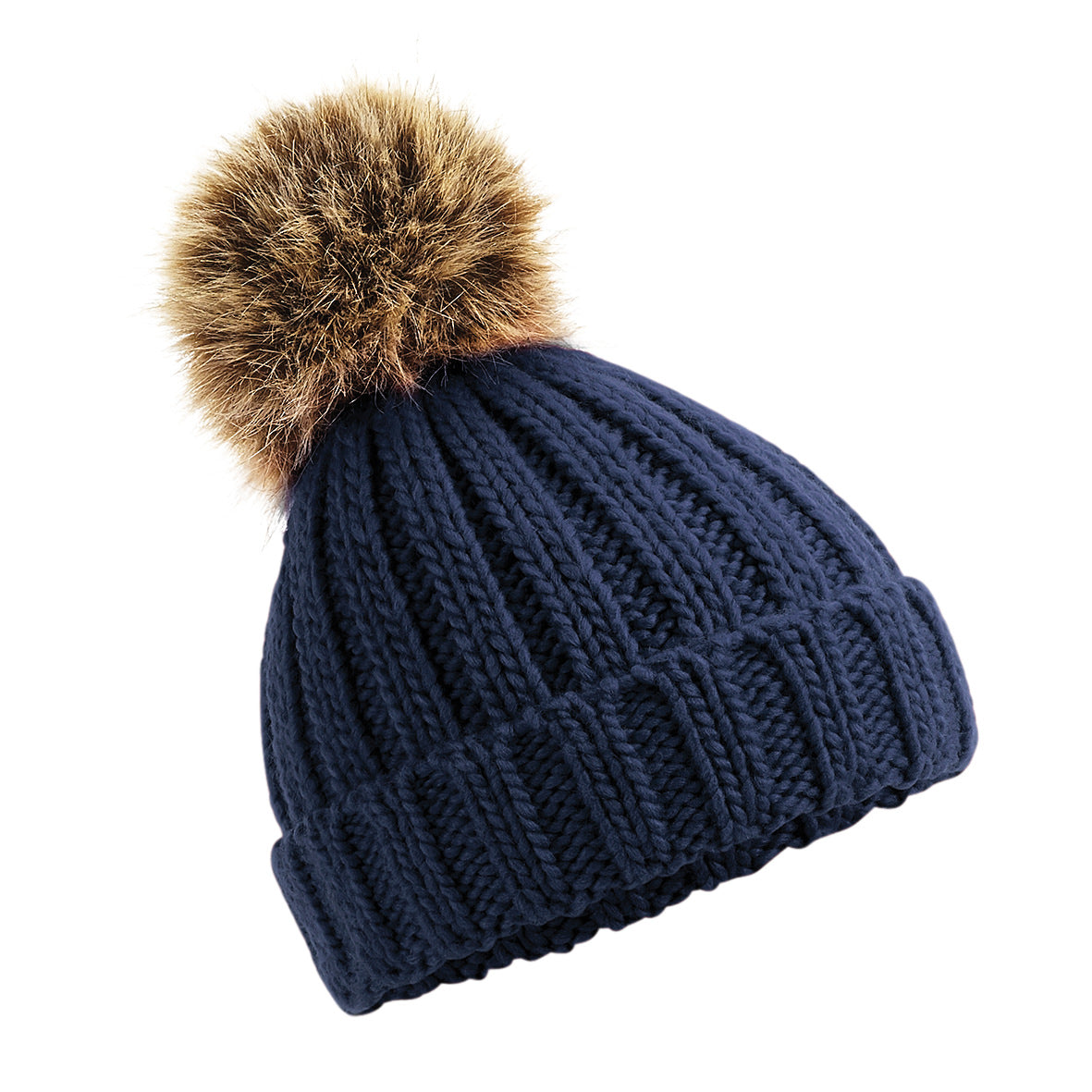 Embroidered Infant/Junior Fur Pom Pom Chunky Beanie