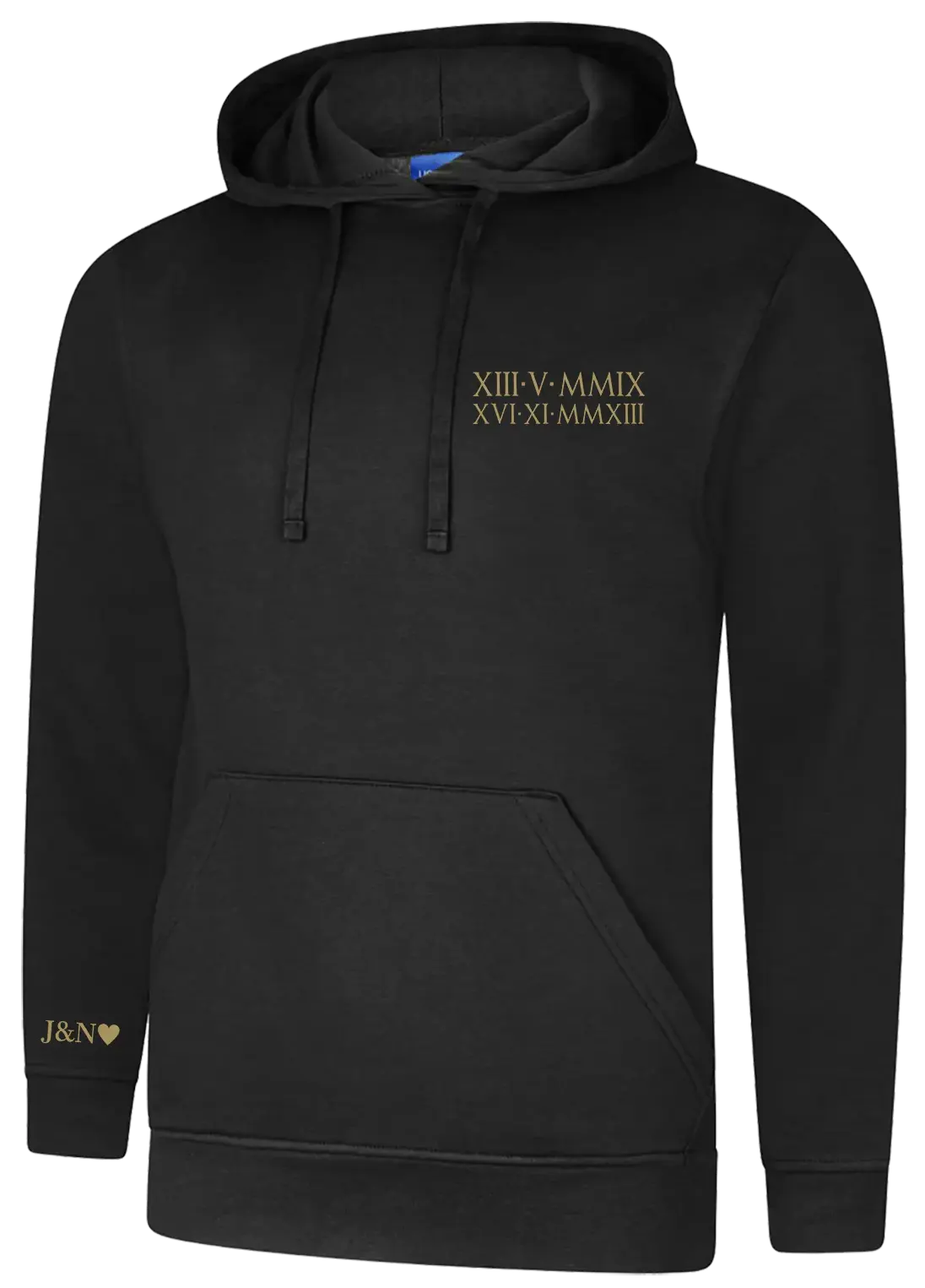 Personalised Embroidered Roman Numerals Hoodie With Kids Birthdays On Chest & Initials on Sleeve