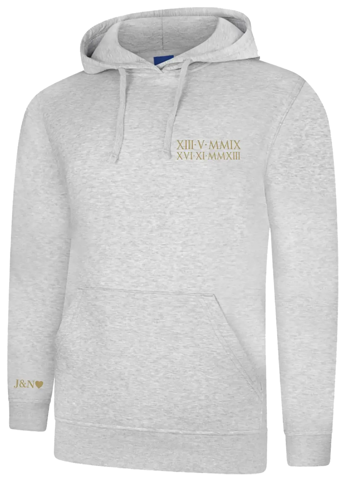Personalised Embroidered Roman Numerals Hoodie With Kids Birthdays On Chest & Initials on Sleeve