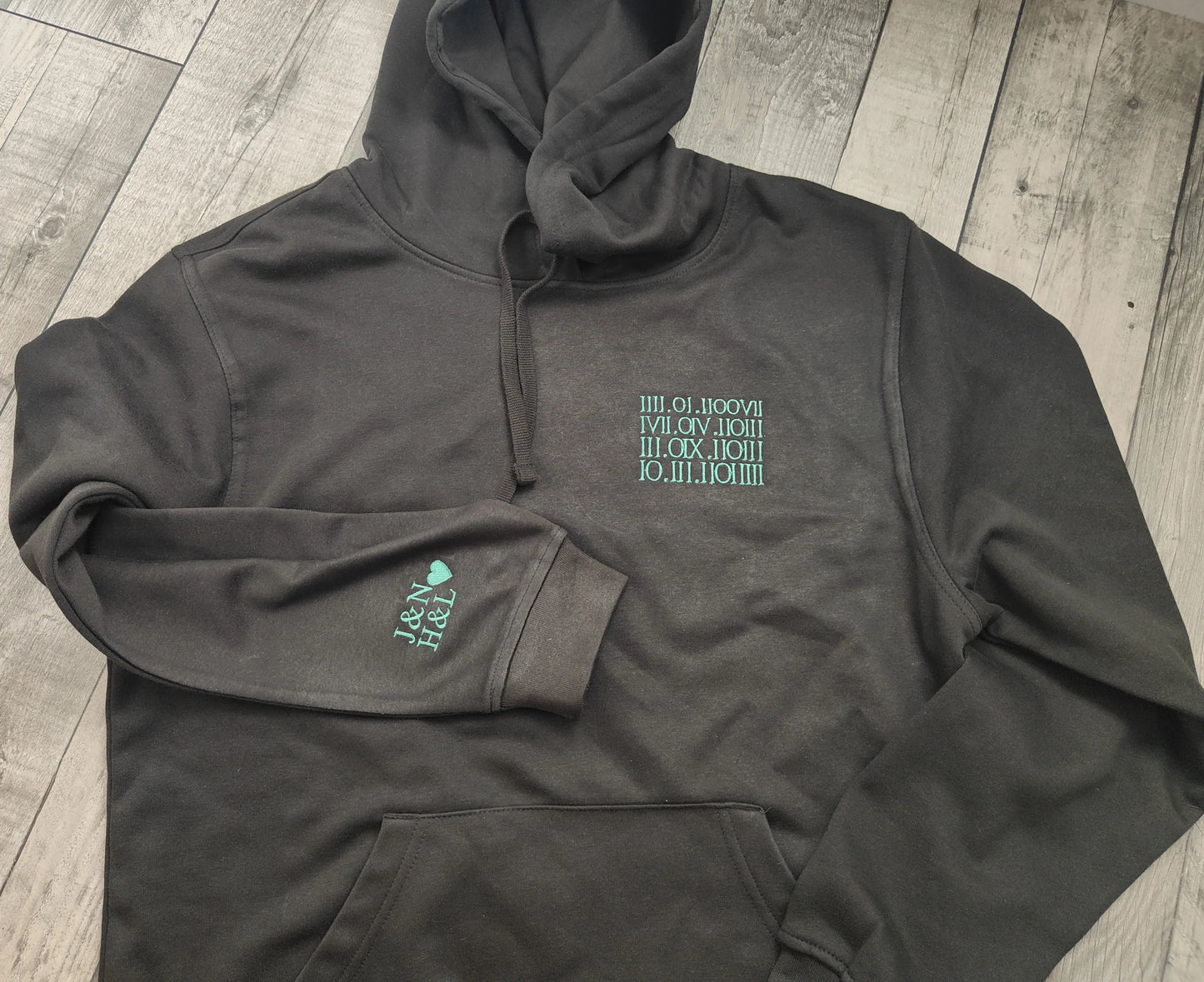 Personalised Embroidered Roman Numerals Hoodie With Kids Birthdays On Chest & Initials on Sleeve