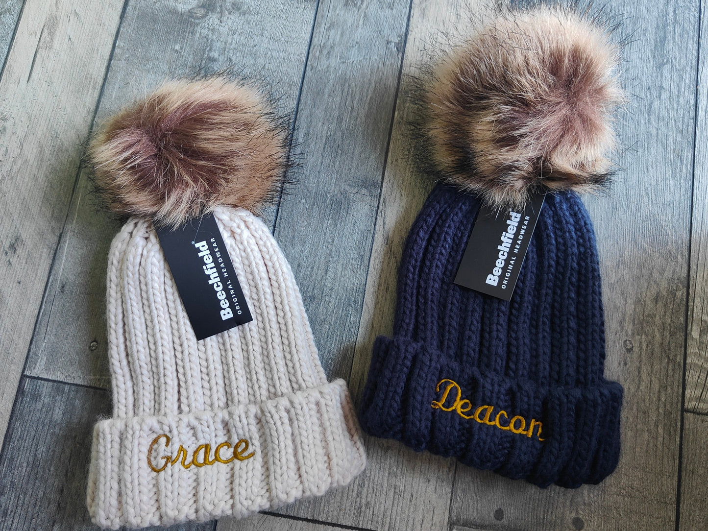 Embroidered Infant/Junior Fur Pom Pom Chunky Beanie