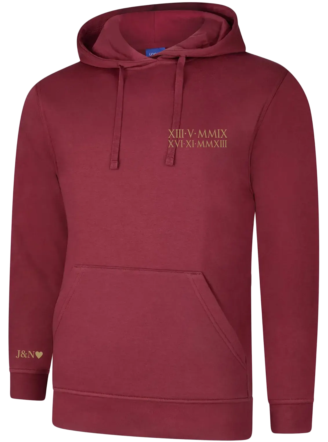 Personalised Embroidered Roman Numerals Hoodie With Kids Birthdays On Chest & Initials on Sleeve