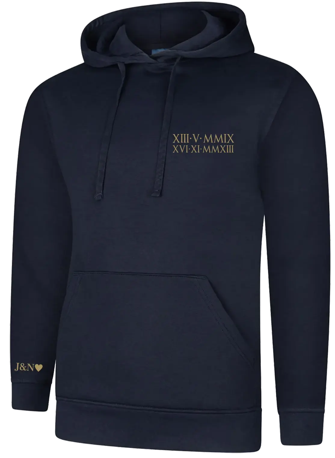 Personalised Embroidered Roman Numerals Hoodie With Kids Birthdays On Chest & Initials on Sleeve