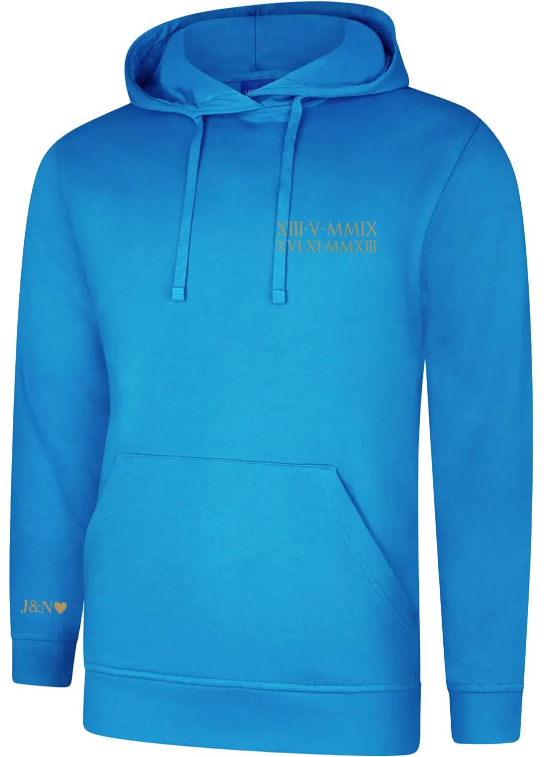 Personalised Embroidered Roman Numerals Hoodie With Kids Birthdays On Chest & Initials on Sleeve