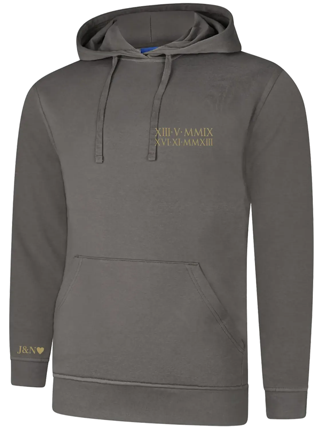 Personalised Embroidered Roman Numerals Hoodie With Kids Birthdays On Chest & Initials on Sleeve