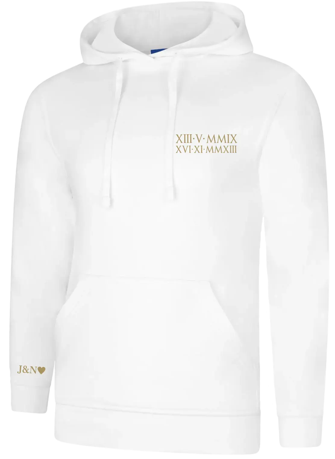 Personalised Embroidered Roman Numerals Hoodie With Kids Birthdays On Chest & Initials on Sleeve