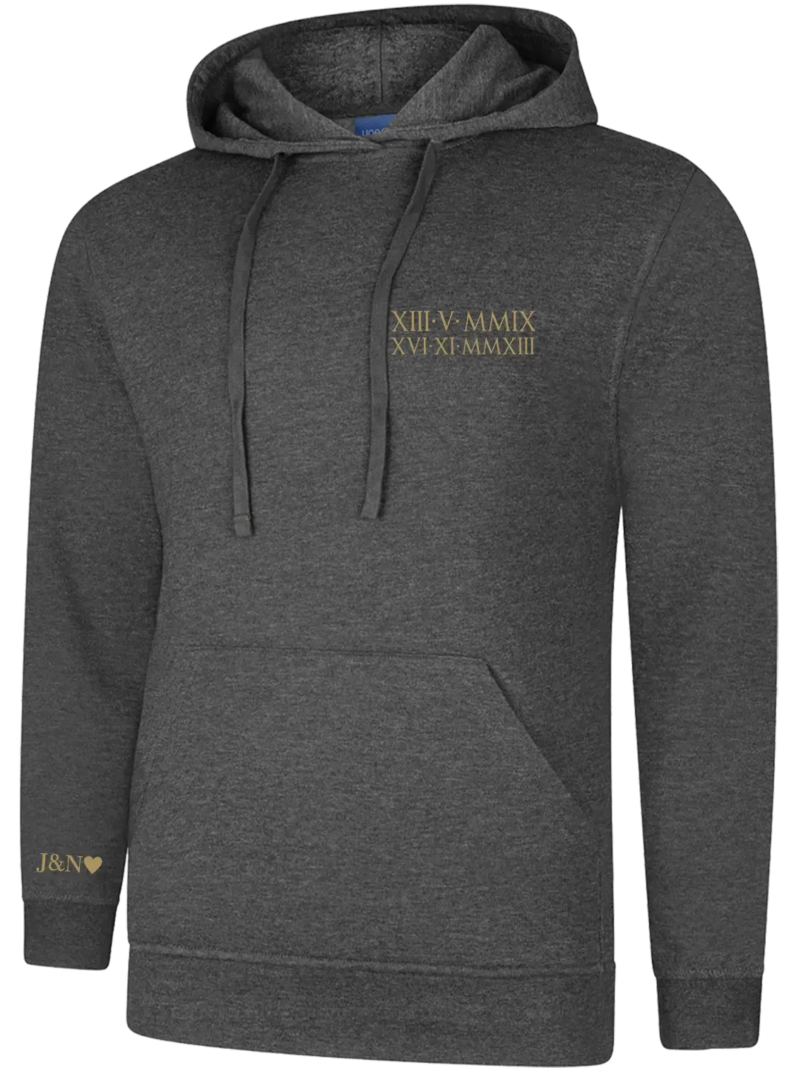 Personalised Embroidered Roman Numerals Hoodie With Kids Birthdays On Chest & Initials on Sleeve